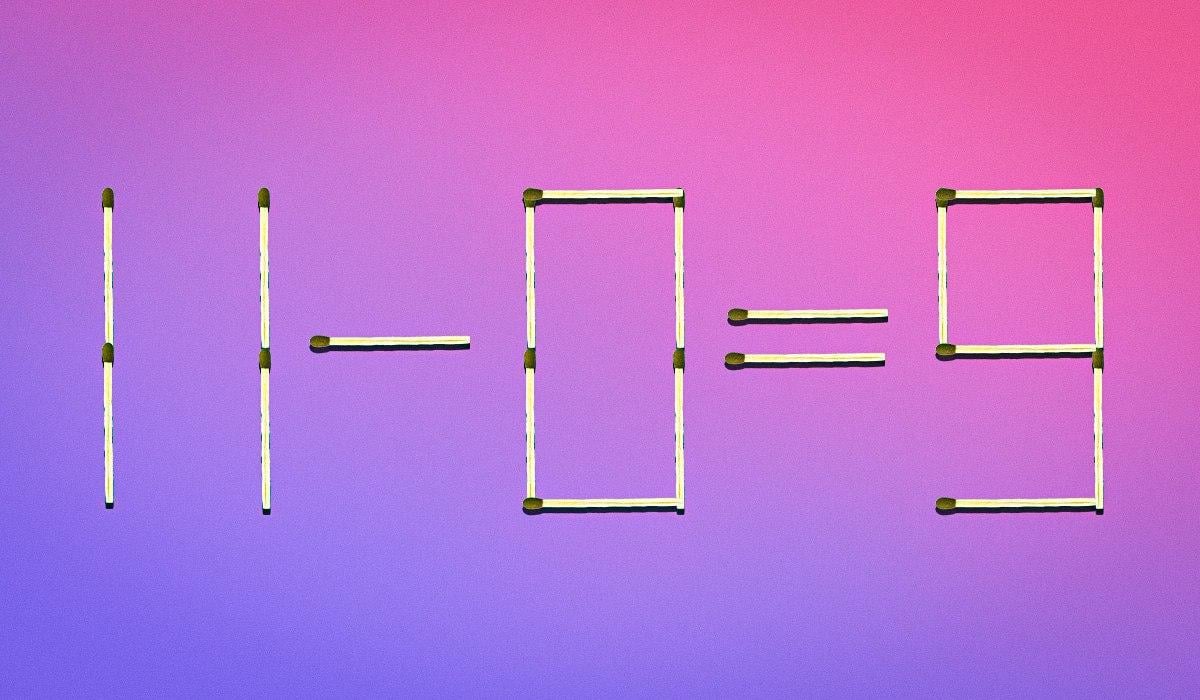 Et võrrand oleks õige, tuleb võtta numbrist 9 vasakpoolne ülemine tikutäis ja kinnitada see numbri 0 keskele. See muudab numbrile 9 3 ja numbrile 0 8. Seega saame õige võrrandi: 11 - 8 = 3. Moje kollaaž